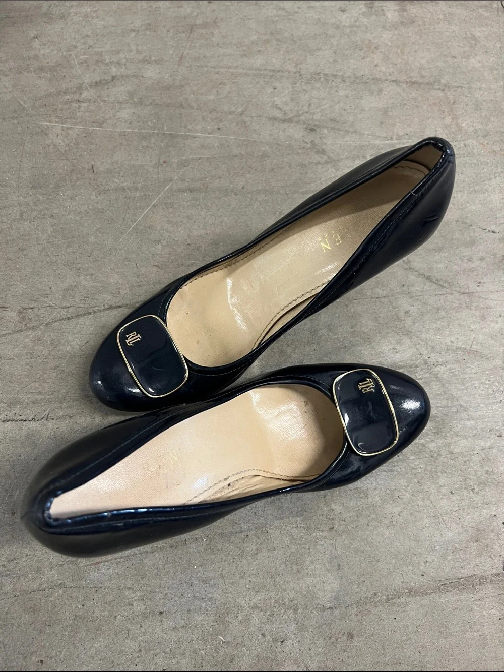 Ralph Lauren Navy Patent Leather Pumps with Gold RL Medallion